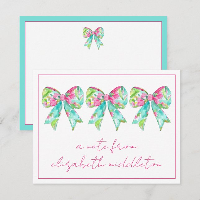Preppy Pink and Green Bows Personalized Card (Front/Back)