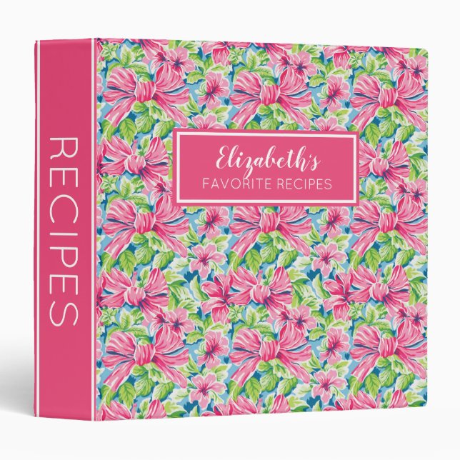 Preppy Pink and Green Bows Personalized Recipe Binder (Front/Spine)
