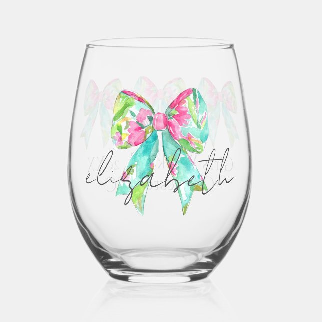 Preppy Pink and Green Bows Personalized Stemless Wine Glass (Front)