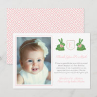 Preppy Pink And Green Boxwood Bunny Baptism Photo