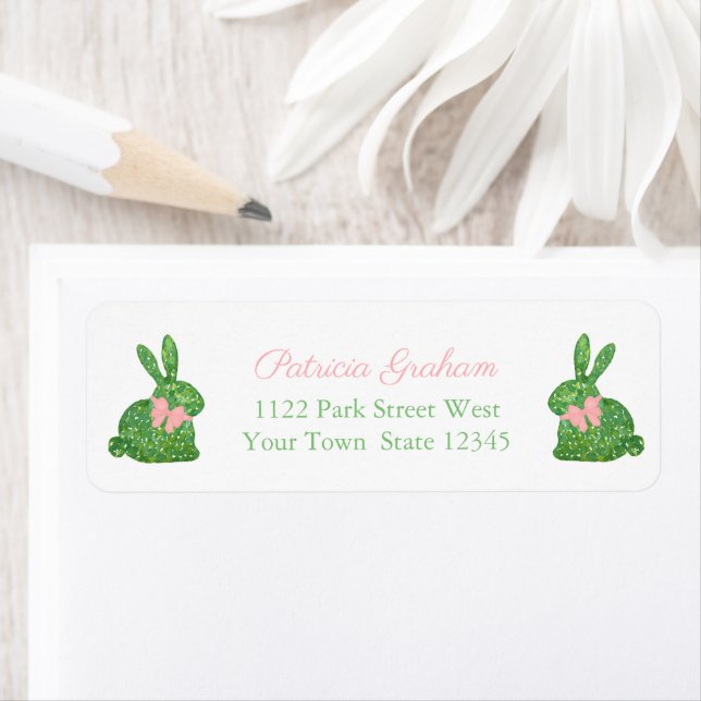 Preppy Pink And Green Boxwood Bunny Return Address (Insitu)