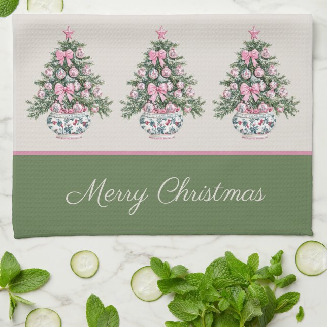 Preppy Pink and Green Chinoiserie Christmas Tree Kitchen Towel (Folded)