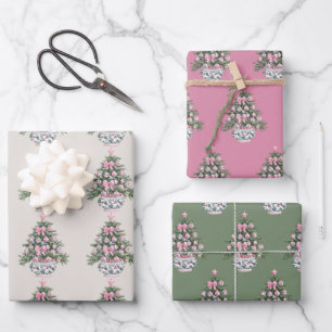 Preppy Pink and Green Chinoiserie Christmas Tree Wrapping Paper Sheet