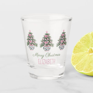 Preppy Pink and Green Chinoiserie Christmas Trees Shot Glass