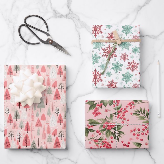 Preppy Pink and Green Christmas Holiday Pattern  Wrapping Paper Sheet (Front)