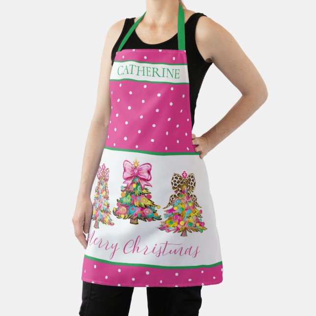 Preppy Pink and Green Christmas Trees Apron (Insitu)