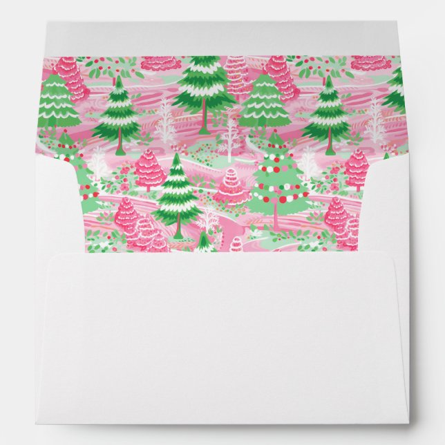 Preppy Pink and Green Christmas Trees Envelope (Back (Bottom))