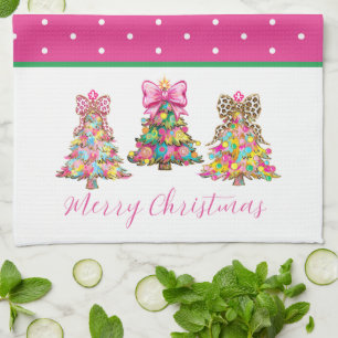 Preppy Pink and Green Christmas Trees Kitchen Towel