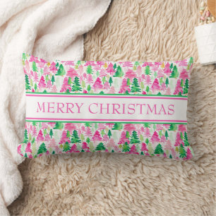 Preppy Pink and Green Christmas Trees Lumbar Pillow