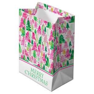 Preppy Pink and Green Christmas Trees Medium Gift Bag