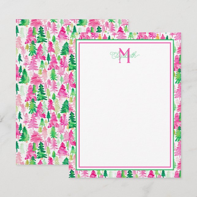 Preppy Pink and Green Christmas Trees Monogram Card (Front/Back)