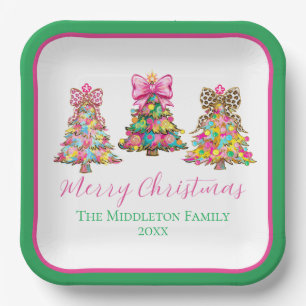 Preppy Pink and Green Christmas Trees Paper Plate