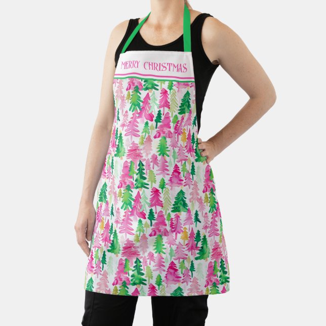 Preppy Pink and Green Christmas Trees Personalized Apron (Insitu)