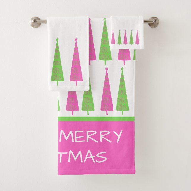 Preppy Pink and Green Christmas Trees Personalized Bath Towel Set (Insitu)