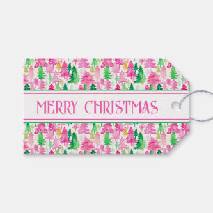 Preppy Pink and Green Christmas Trees Personalized Gift Tags