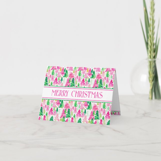 Preppy Pink and Green Christmas Trees Personalized Holiday Card (Front)