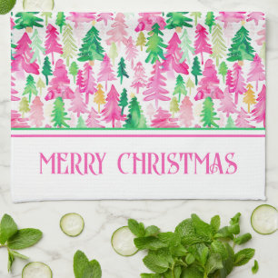 Preppy Pink and Green Christmas Trees Personalized Kitchen Towel