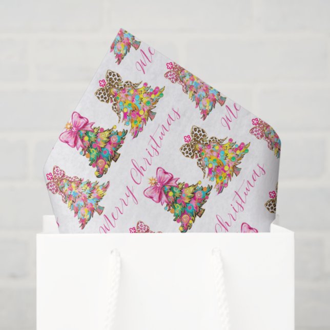 Preppy Pink and Green Christmas Trees Tissue Paper (Gift Bag)
