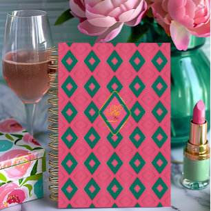 Preppy  Pink and Green Diamond Motif Monogrammed  Notebook