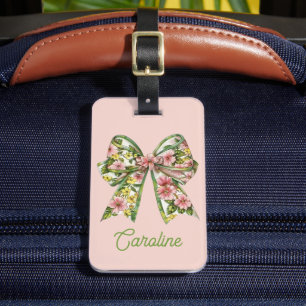 Preppy Pink and Green Floral Bow Personalized Luggage Tag