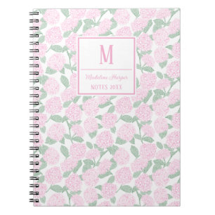 Preppy Pink and Green Hydrangeas Monogram Notebook