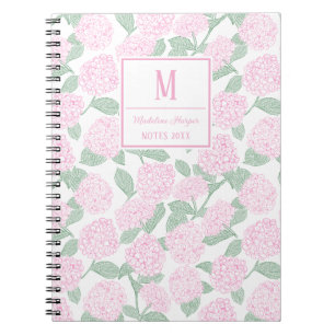 Preppy Pink and Green Hydrangeas Monogram Notebook