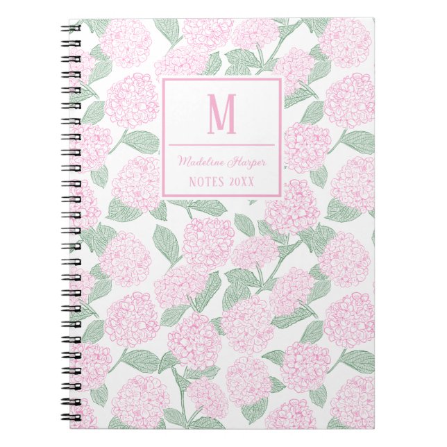 Preppy Pink and Green Hydrangeas Monogram Notebook (Front)