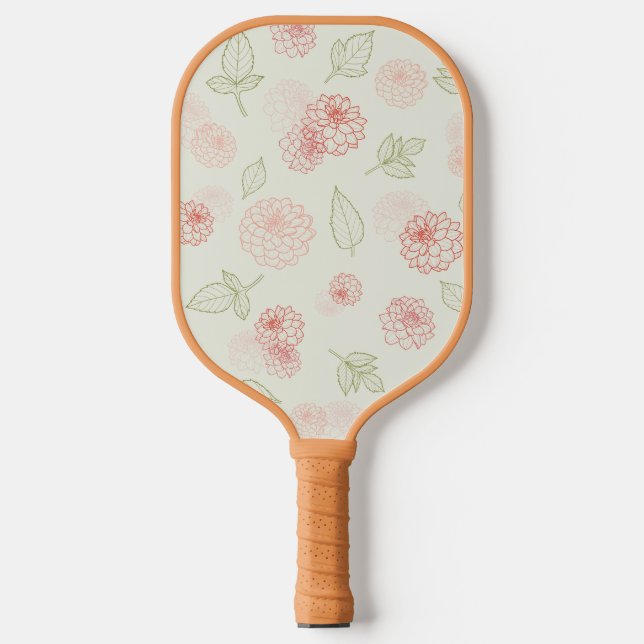 Preppy Pink and Green Line Art Dahlia Pickleball Paddle (Front)