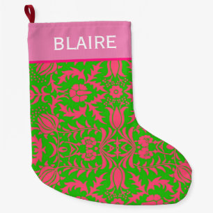 Preppy Pink and Green Monogram Large Christmas Stocking