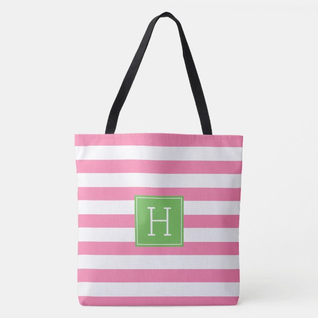Preppy Pink and Green Monogram Tote Bag (Front)