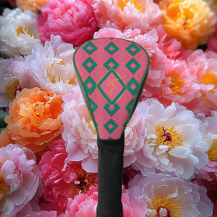 Preppy Pink and Green Monogrammed Diamond Motif  Golf Head Cover