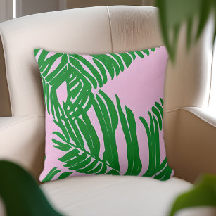 Preppy Pink And Green Palm Leaves Beach House Throw Pillow
