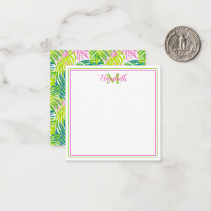 Preppy Pink and Green Palm Leaves Monogram Card