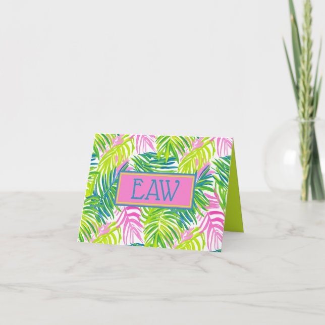 Preppy Pink and Green Palm Leaves Monogram Note Card (Front)