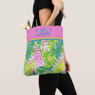 Preppy Pink and Green Palm Leaves Monogram Tote Bag