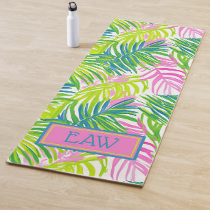Preppy Pink and Green Palm Leaves Monogram Yoga Mat