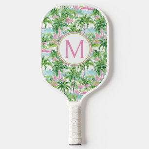 Preppy Pink and Green Palm Trees Monogram Pickleball Paddle