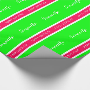 Preppy Pink and Green Personalized Stripe Wrapping Paper