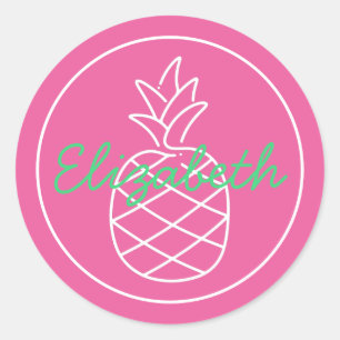 Preppy Pink and Green Pineapple Personalized Classic Round Sticker