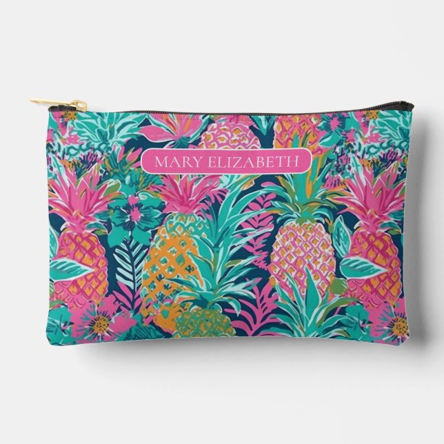 Preppy Pink and Green Pineapples Personalized Accessory Pouch (Front)