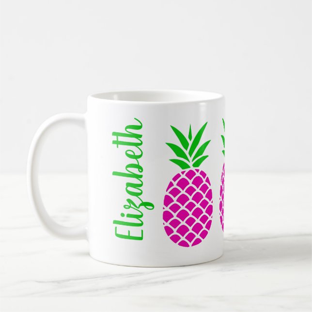 Preppy Pink and Green Pineapples Personalized Coffee Mug (Left)