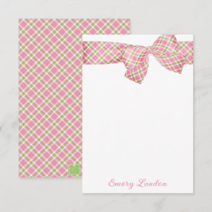 Preppy Pink and Green Plaid Bow Personalized Card