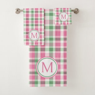 Preppy Pink and Green Plaid Monogram Bath Towel Set