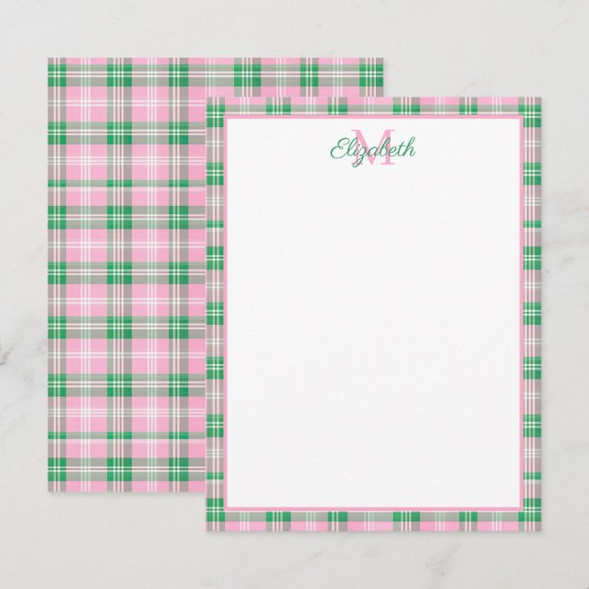Preppy Pink and Green Plaid Monogram Card (Front/Back)