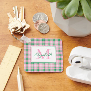 Preppy Pink and Green Plaid Monogram Keychain