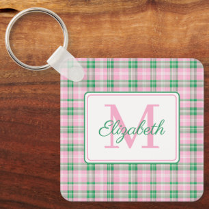Preppy Pink and Green Plaid Monogram Keychain
