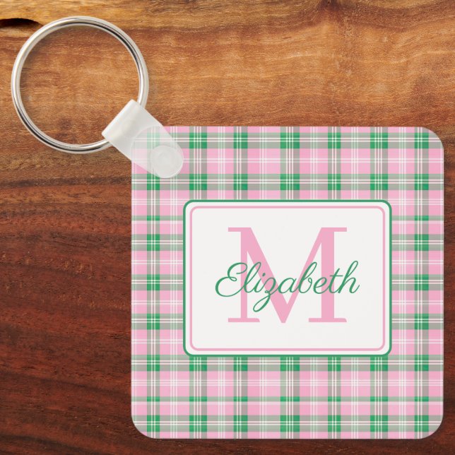 Preppy Pink and Green Plaid Monogram Keychain (Front)