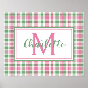 Preppy Pink and Green Plaid Monogram Poster