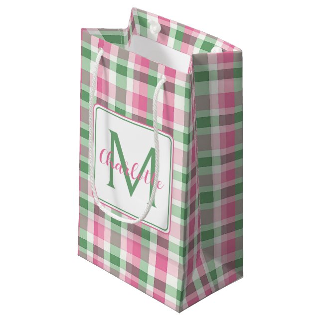 Preppy Pink and Green Plaid Monogram Small Gift Bag (Front Angled)