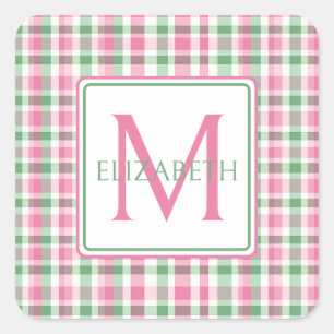 Preppy Pink and Green Plaid Monogram Square Sticker